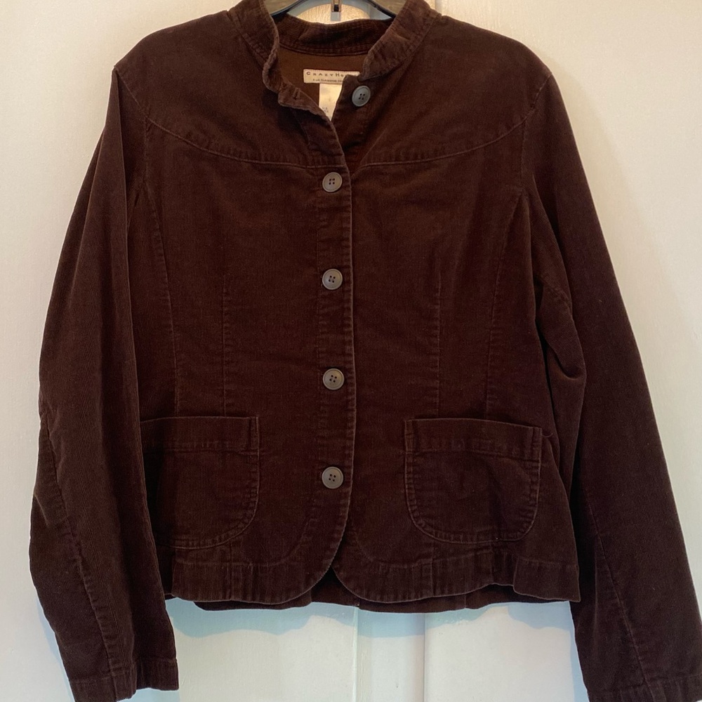 90's 00's Brown Crazy Horse Liz Claiborne Corduroy Mandarin Collar Button Blazer